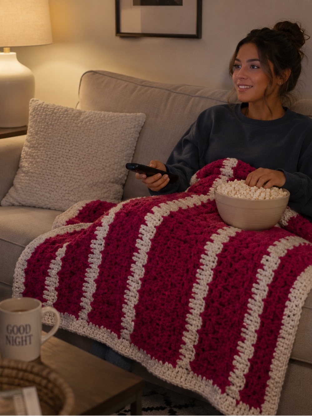 Hot pink and cream striped home made granny crocheted Afghan throw blanket 44x36